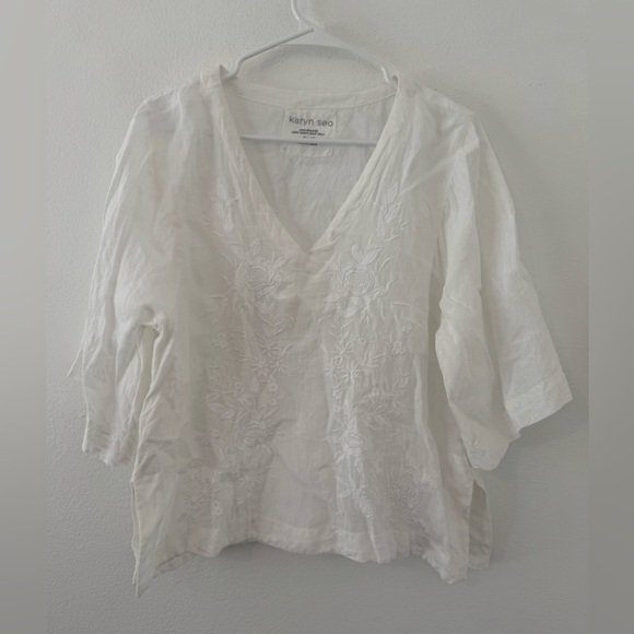 Karyn Seo Roxy Tonal Floral Embroidered V-Neck Linen Elbow Sleeve Boxy Top Small - Picture 1 of 11